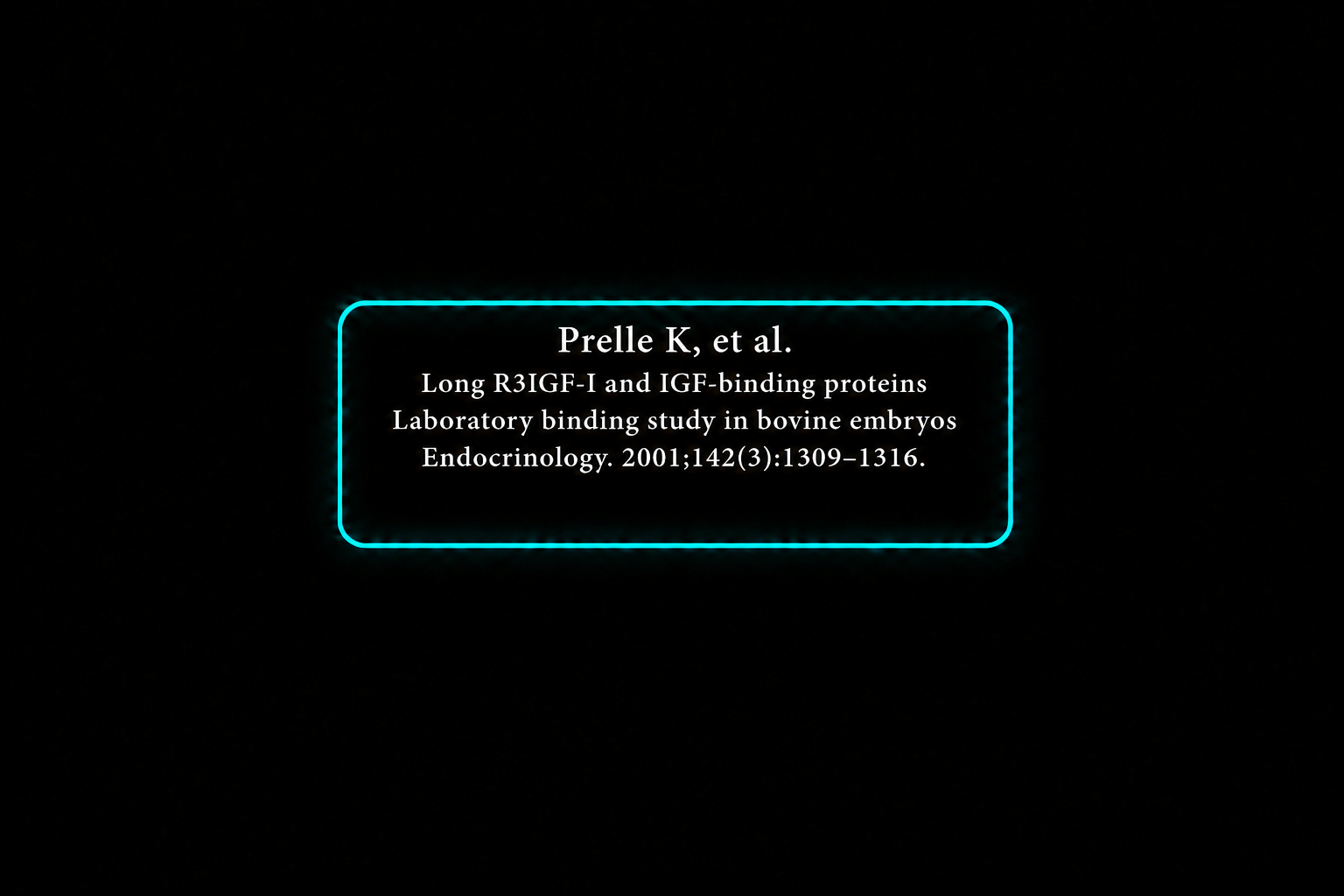 A digital screen displaying a scientific research article citation with a glowing blue border on a black background.