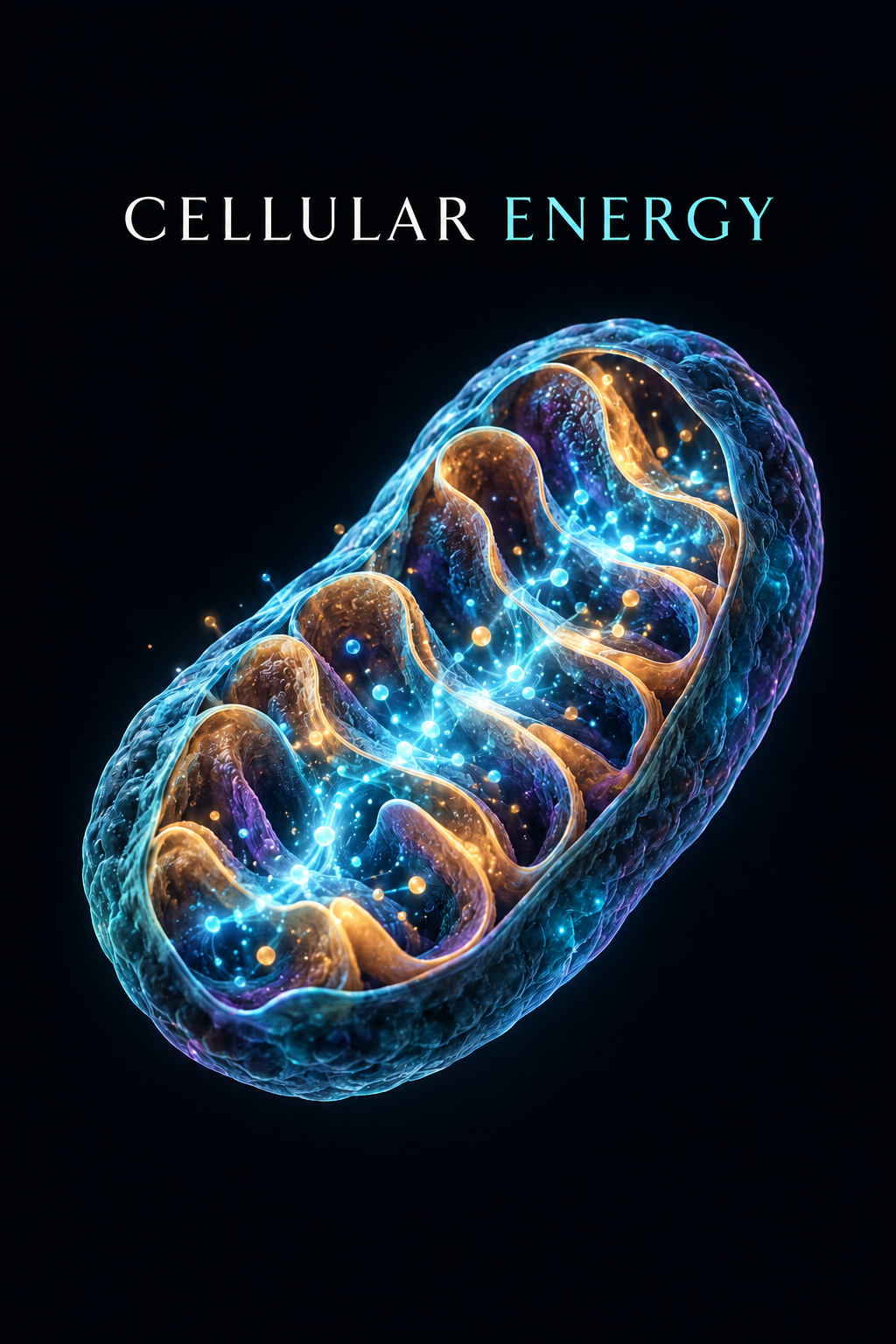 A digital illustration of a mitochondrion with glowing blue and orange energy pathways inside, representing cellular energy.