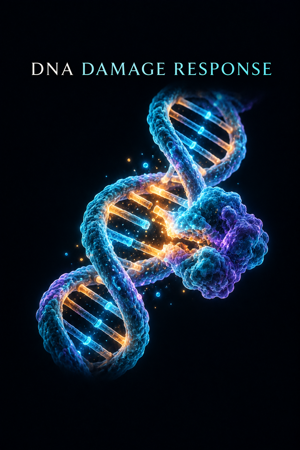 Digital illustration of a DNA double helix with glowing blue, purple, and orange colors, against a black background, with the text 'DNA Damage Response' at the top.