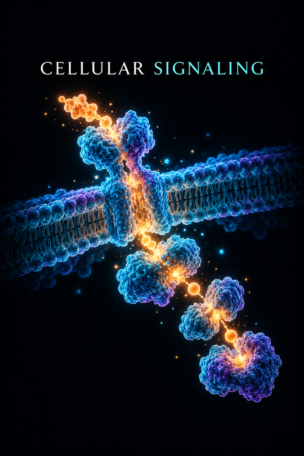 Digital illustration of a DNA strand with molecular signaling events highlighted, related to cellular signaling.