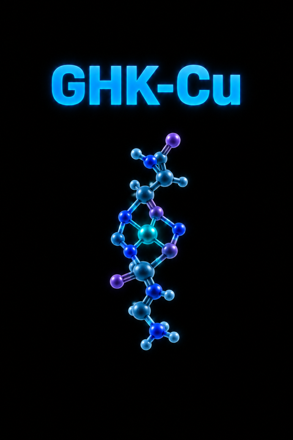 Neon blue text reads 'GHK-Cu' above a molecular structure of a copper peptide on a black background.