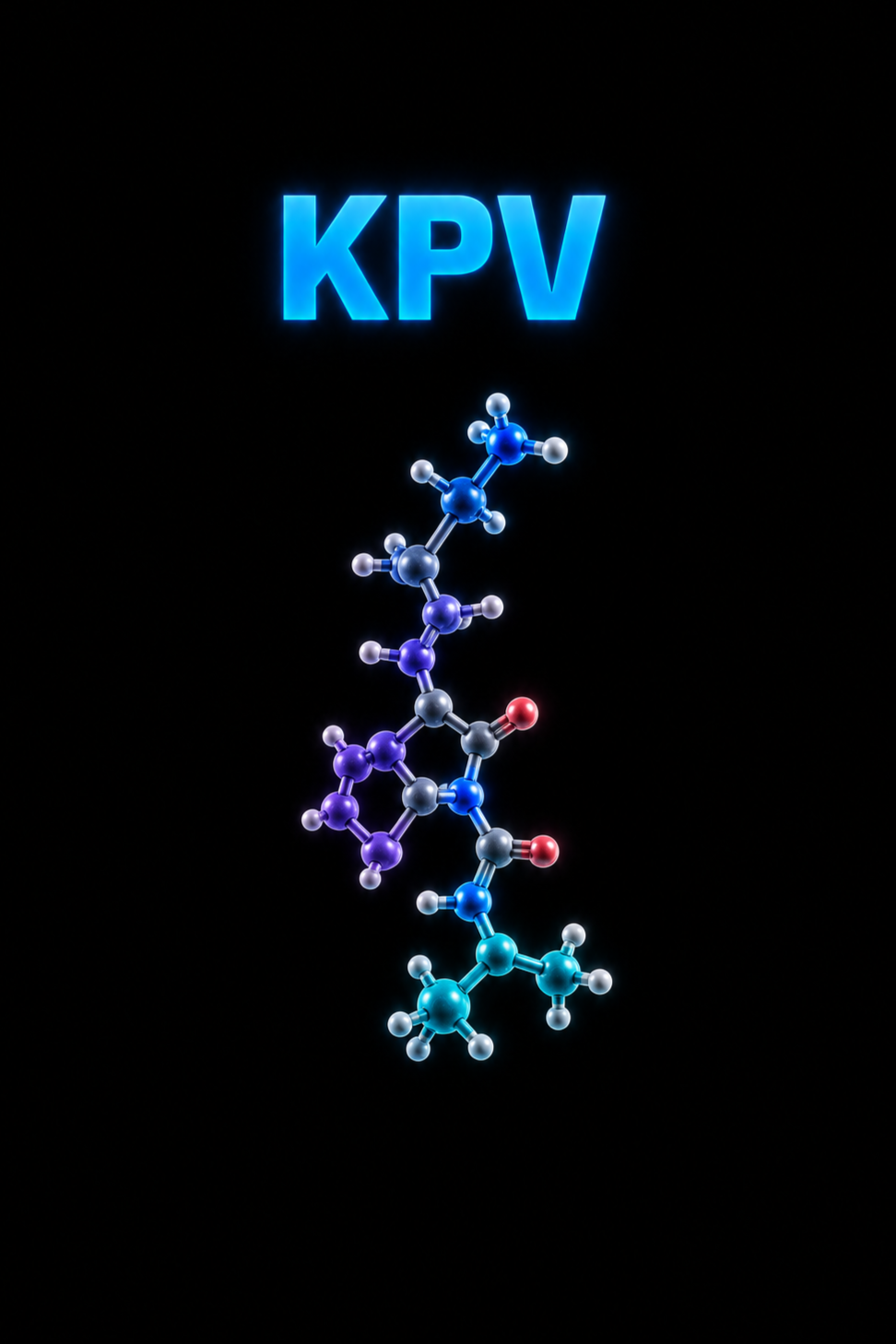 Neon sign displaying the text "KPV" above a 3D molecular model with blue, purple, gray, black, red, and white atoms against a black background.