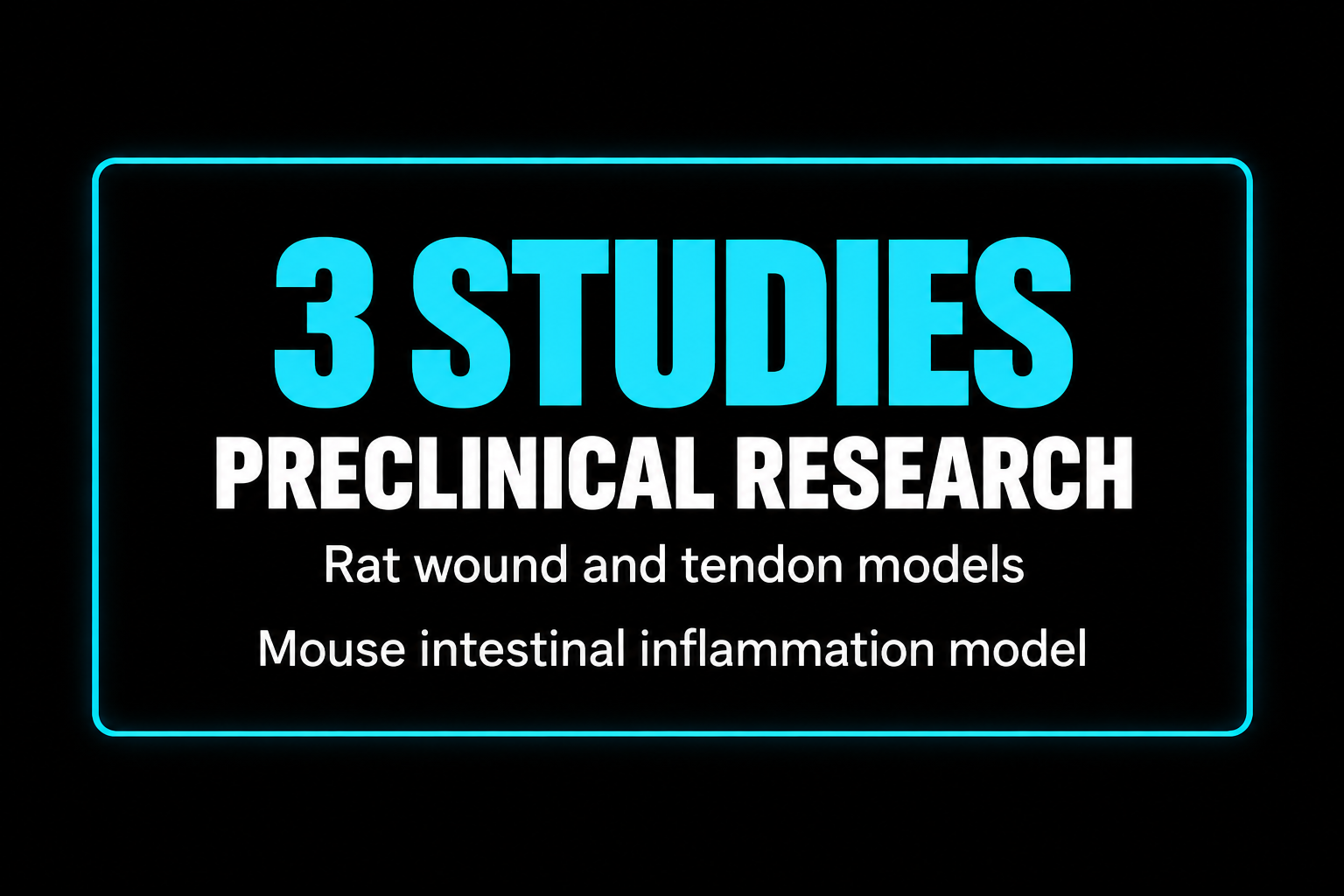 Neon sign with the text '3 Studies Preclinical Research' and information about rat wound and tendon models, and mouse intestinal inflammation model.