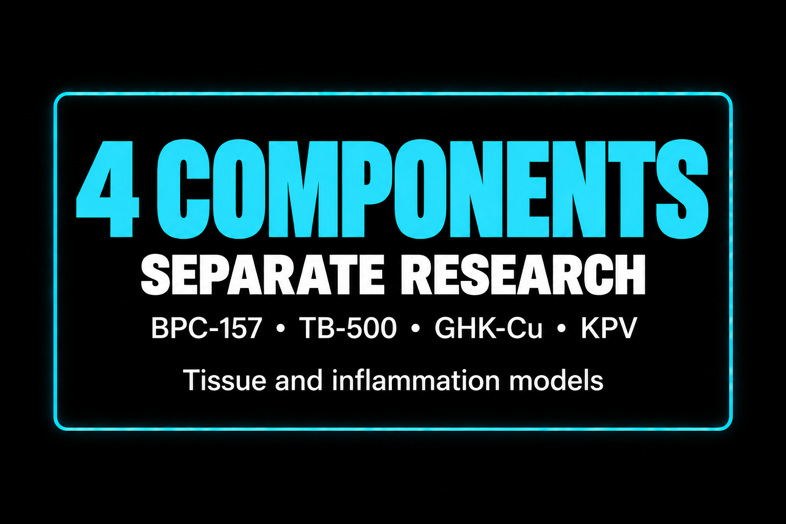Neon sign displaying '4 COMPONENTS' in large blue text, 'SEPARATE RESEARCH' in white, with smaller details of research models and codes at the bottom.