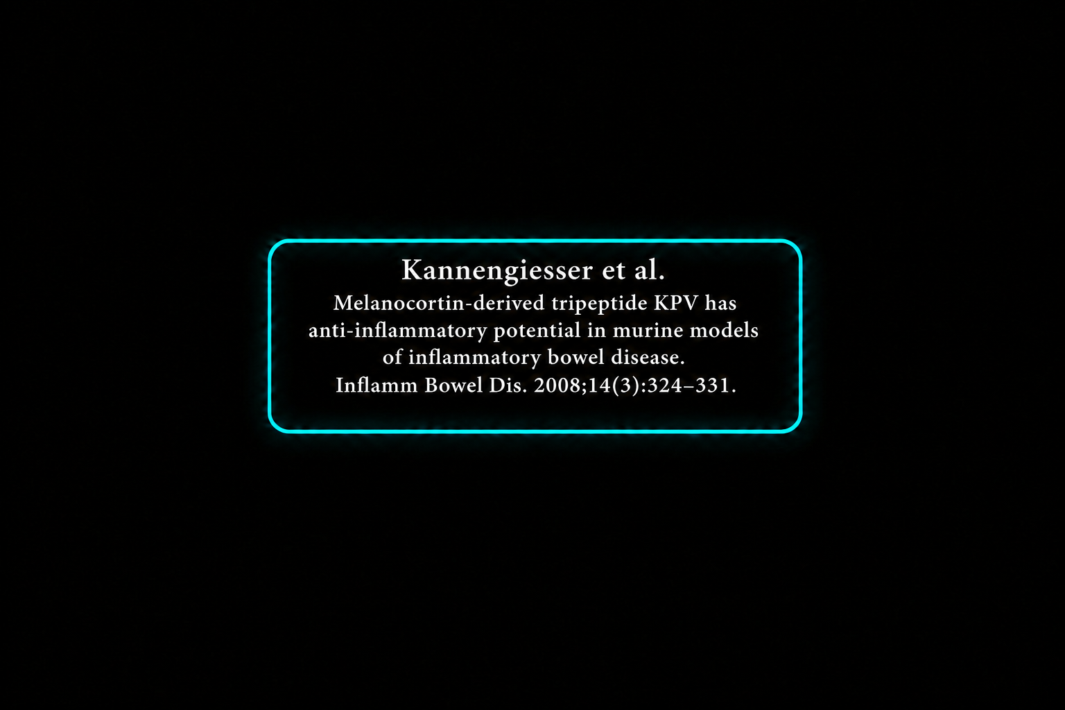 A digital screen displaying a scientific citation for a research article about melatonin-derived tripptide KPV and its anti-inflammatory effects on inflammatory bowel disease, with a black background and a glowing blue border around the text.