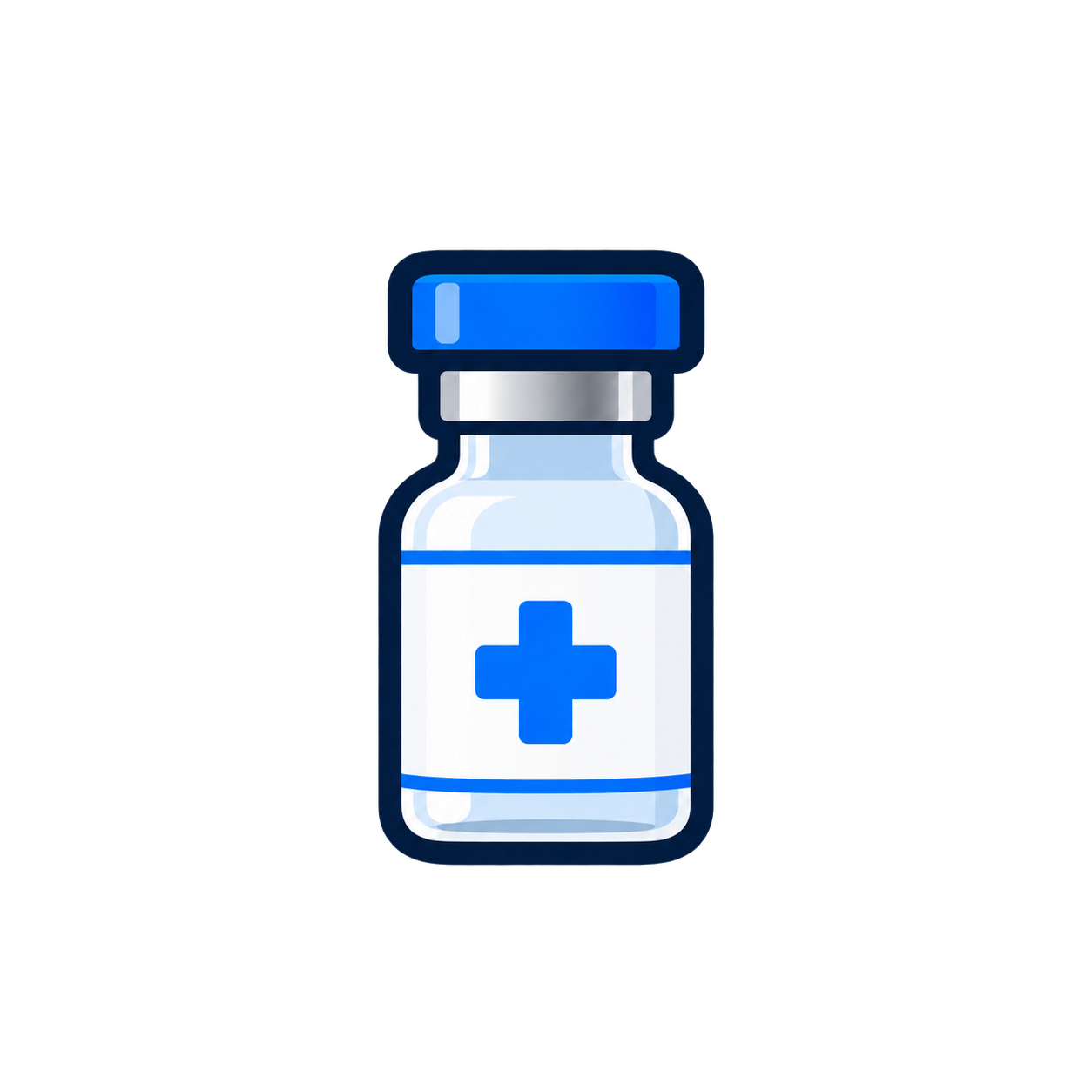 Illustration of a vaccine vial with a blue cap and a medical cross on the label.