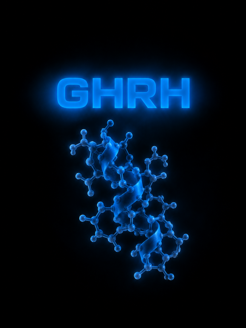 Neon blue glowing sign with the text "GHRH" above a molecular structure of a peptide or hormone on a black background.