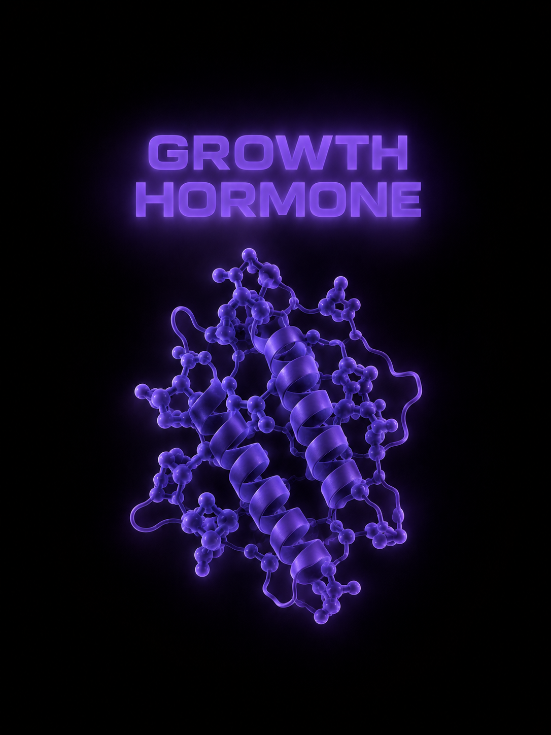 Neon purple illustration of a molecular structure with the text 'Growth Hormone' above it.