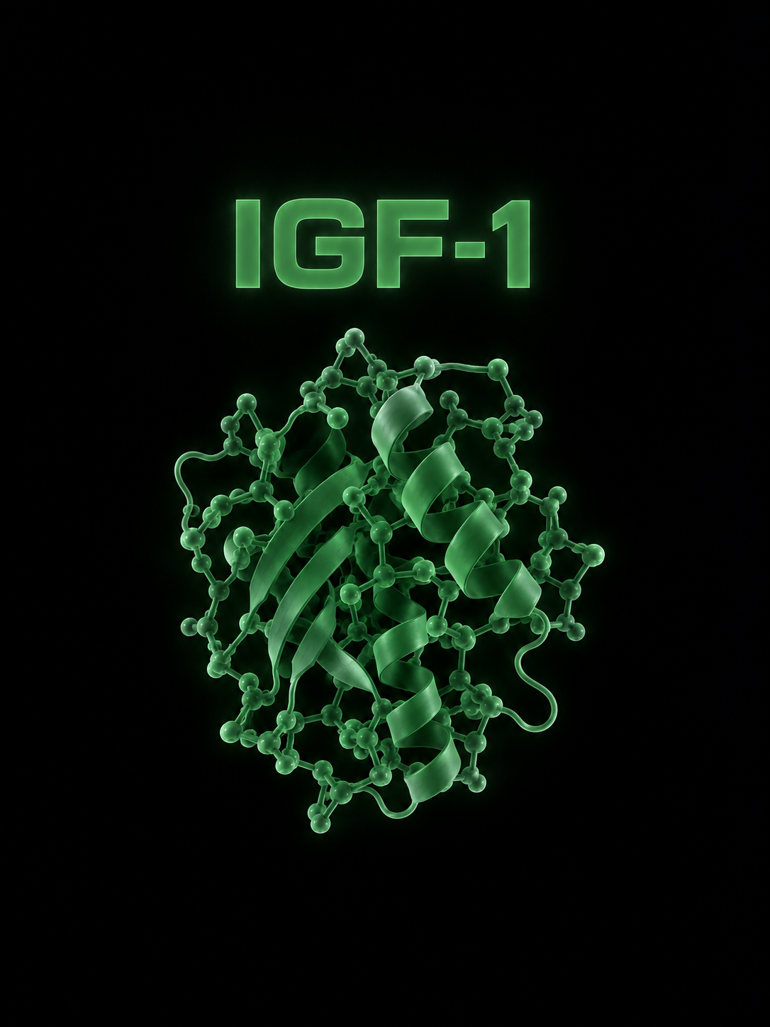 Digital illustration of the IGF-1 hormone with a molecular structure and glowing green text 'IGF-1' against a black background.