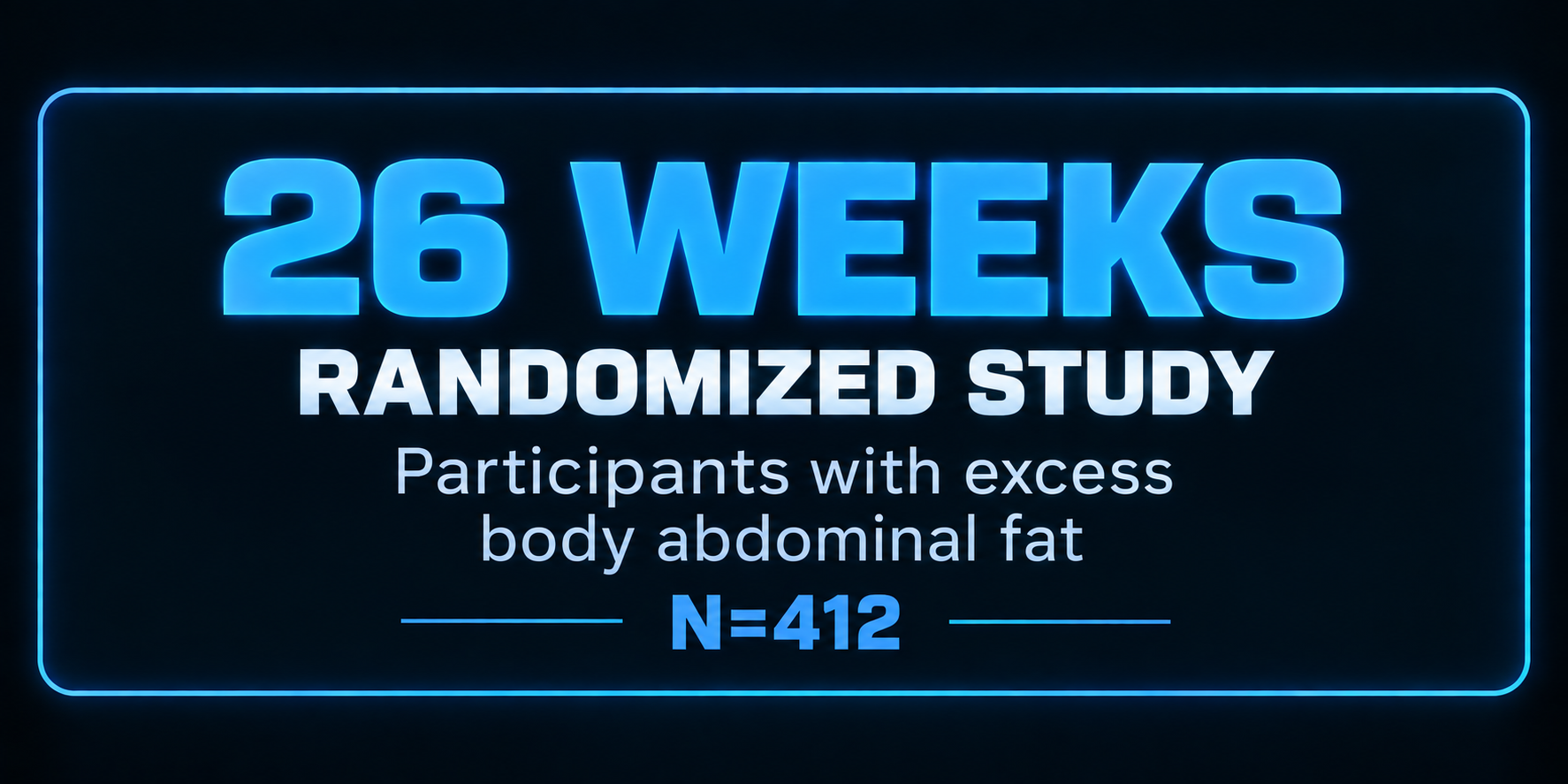 Neon-style graphic displaying '26 WEEKS' in large blue font, with 'RANDOMIZED STUDY' and 'Participants with excess body abdominal fat' in smaller white and blue fonts, and 'N=412' at the bottom.