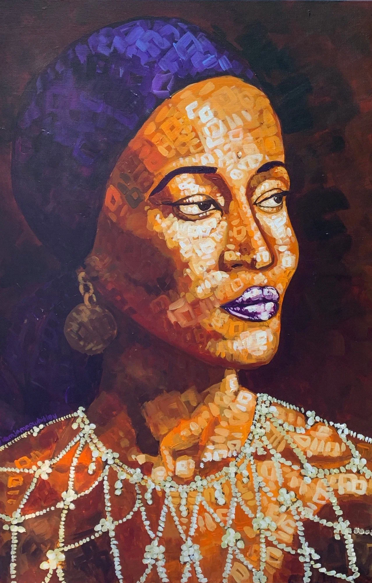 Portrait painting by James E. Whitley III of a woman in a purple head wrap and pearls
