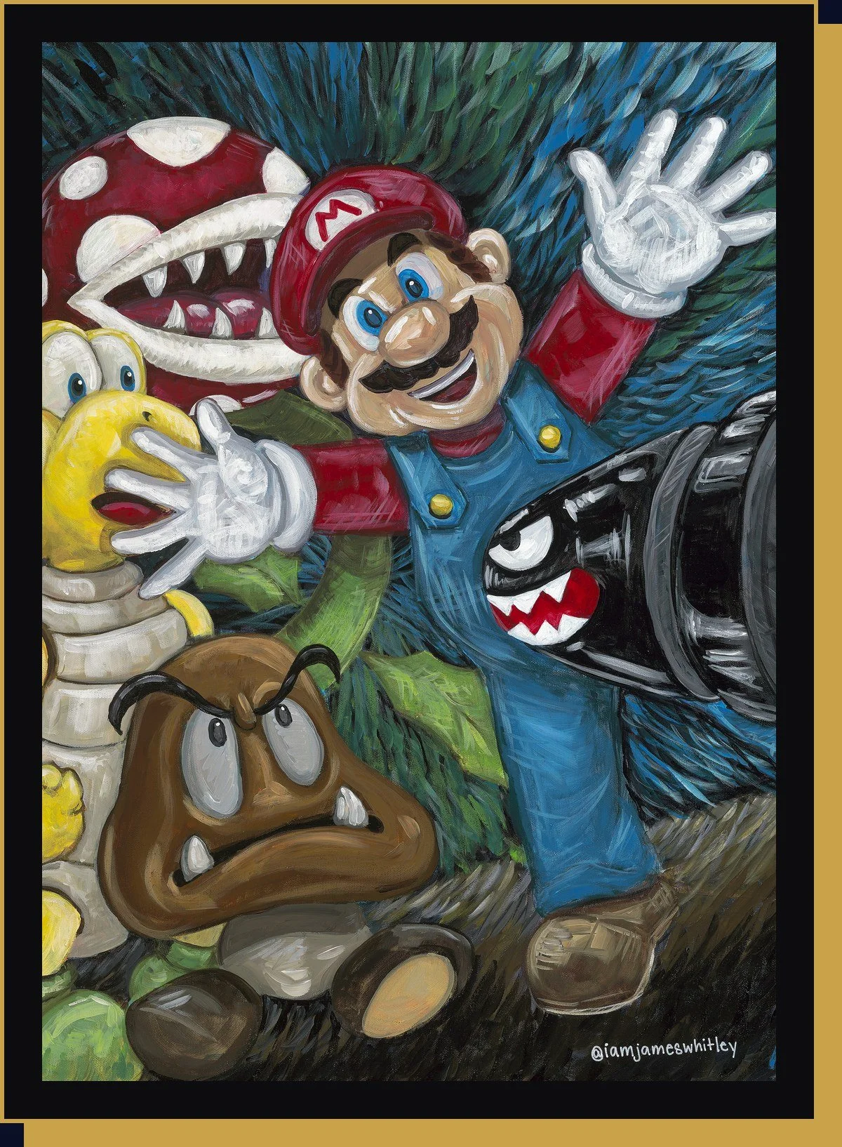 Painting of Mario with a Koopa, Goomba, Piranha Plant and Bullet Bill from The Gospel According to Nintendo series