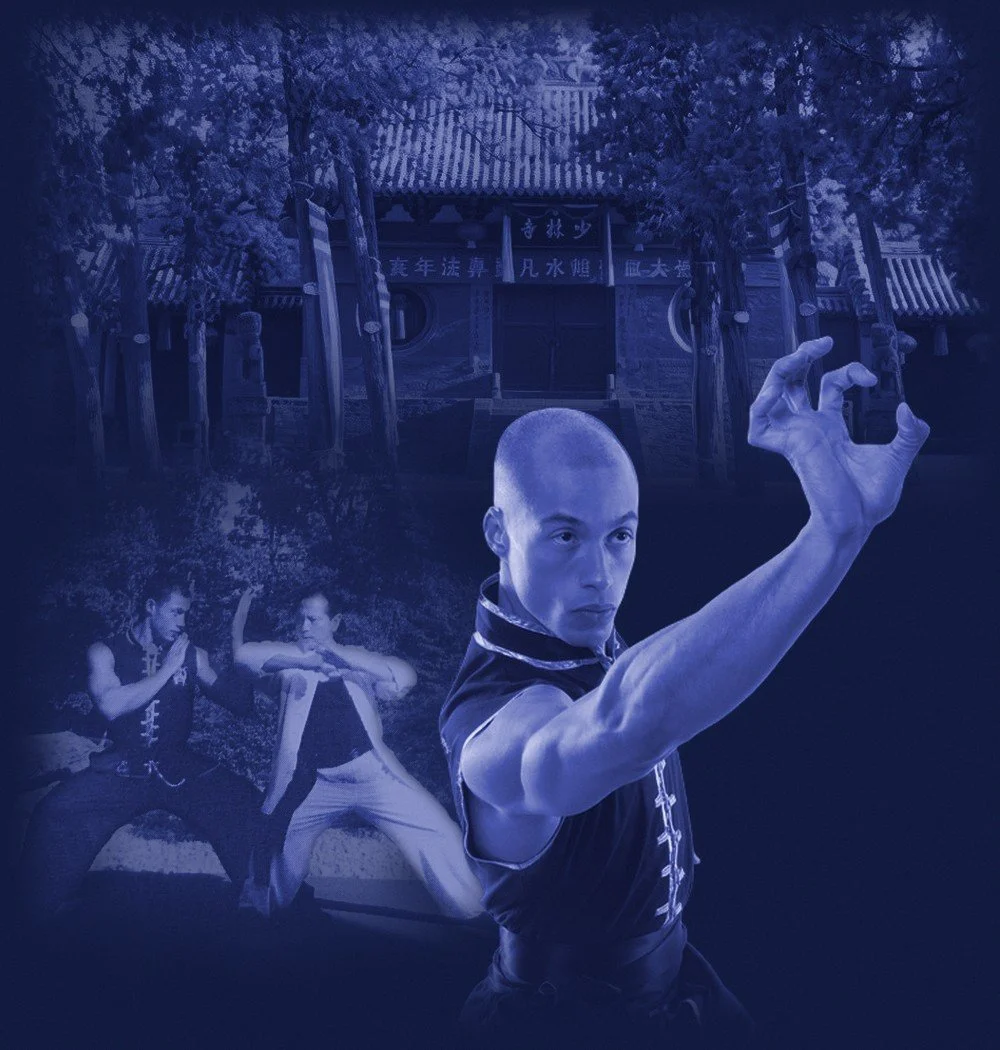 James E. Whitley III in a Tiger Claw, with the Shaolin Temple and a photo of him training with Grandmaster Tai Yim behind him