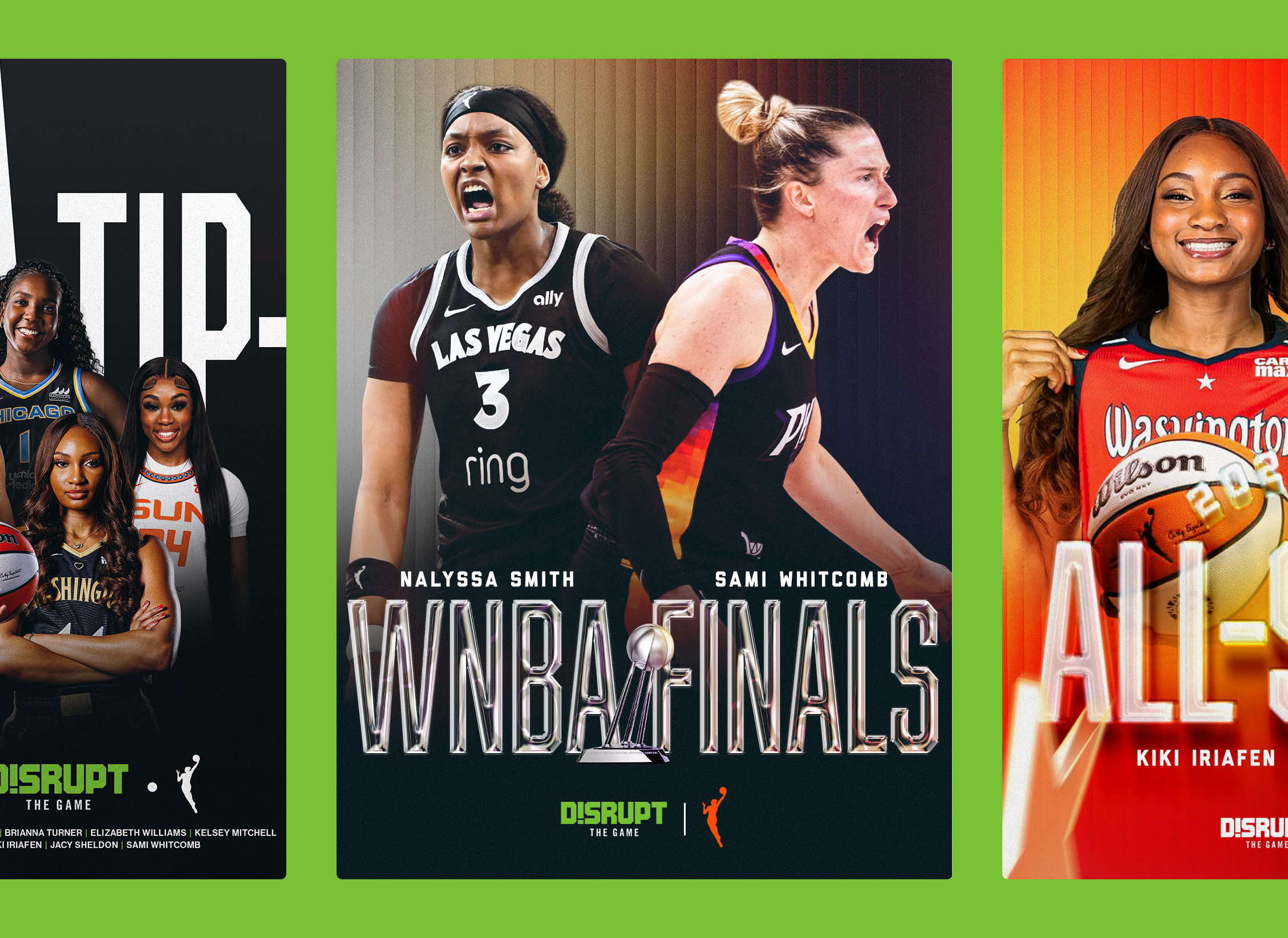 Promotional poster for "Disrupt the Game" featuring women basketball players Nalyssa Smith and Sami Whitcomb, with a background of multiple women athletes from various teams, highlighting an NBA playoffs theme.