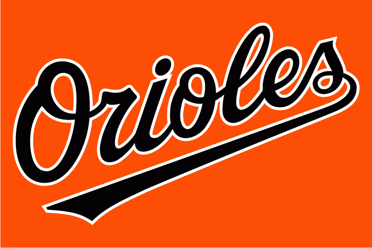 Baltimore Orioles logo with orange background and black and white text.