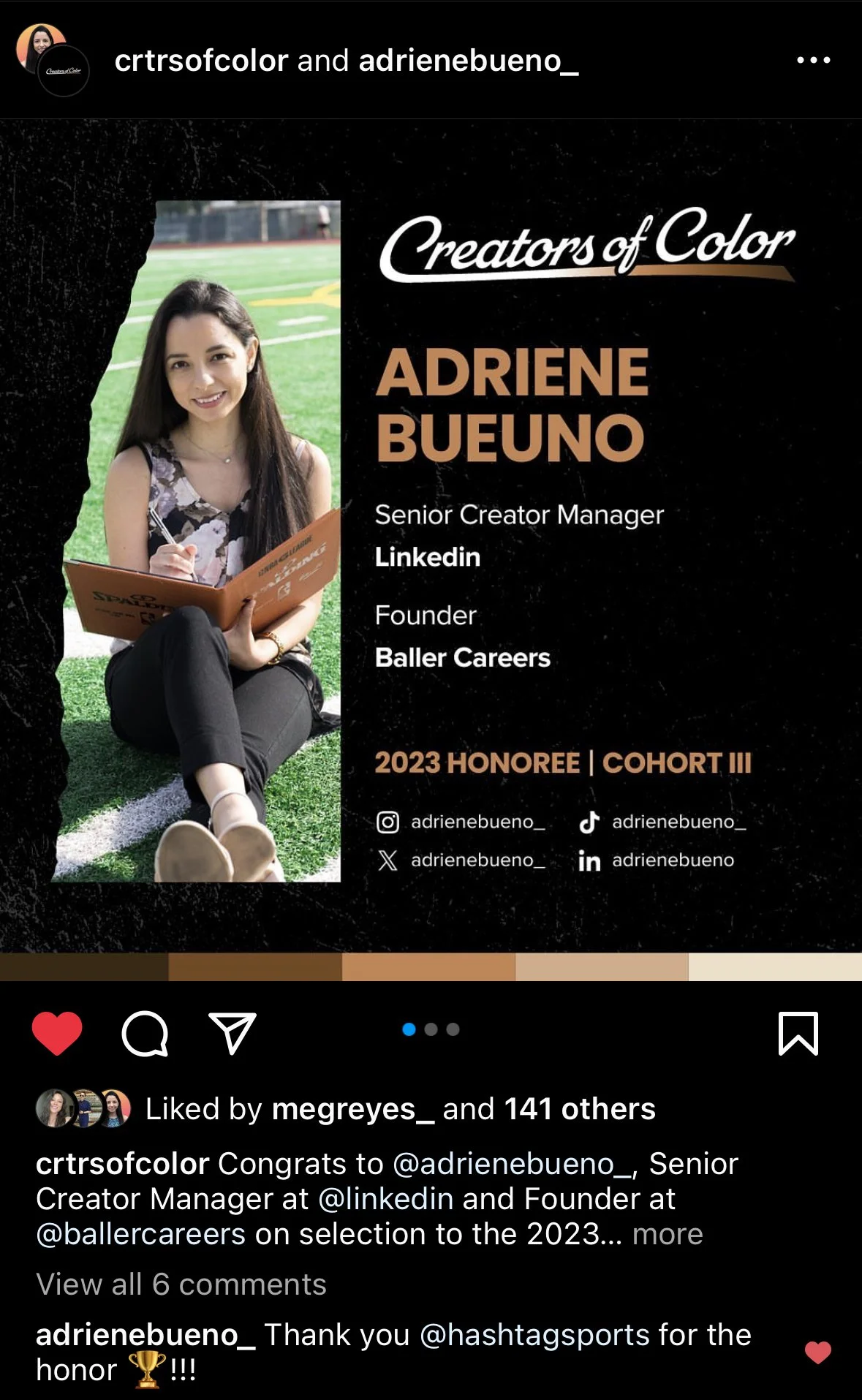 A graphic celebrating Adriene Bueno as a 2023 Cohort III honoree, featuring her photo on a football field background and text with her titles and social media handles.