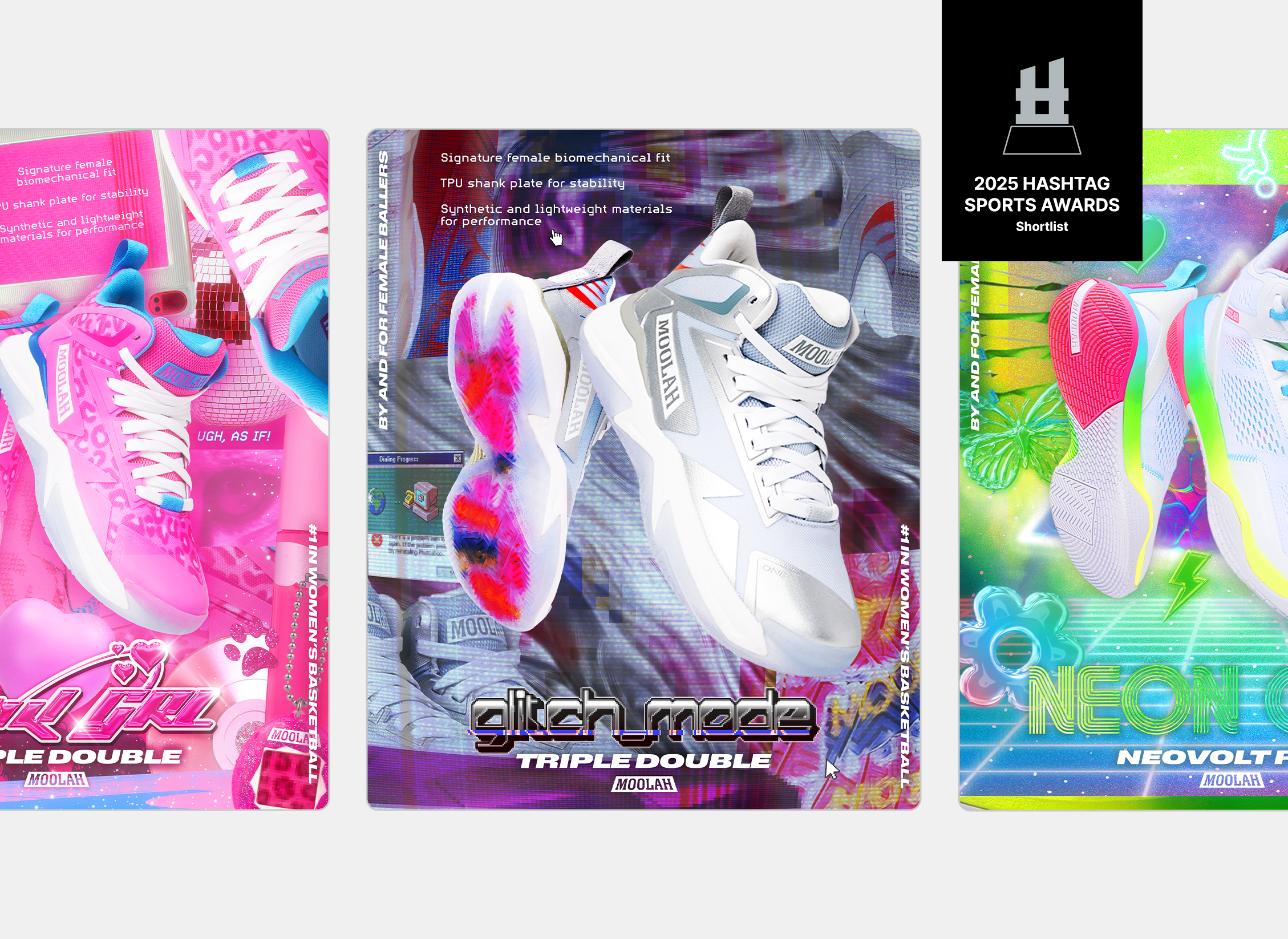 Three colorful sneaker advertisements with vibrant backgrounds, showcasing futuristic shoes with bold designs and various color schemes.
