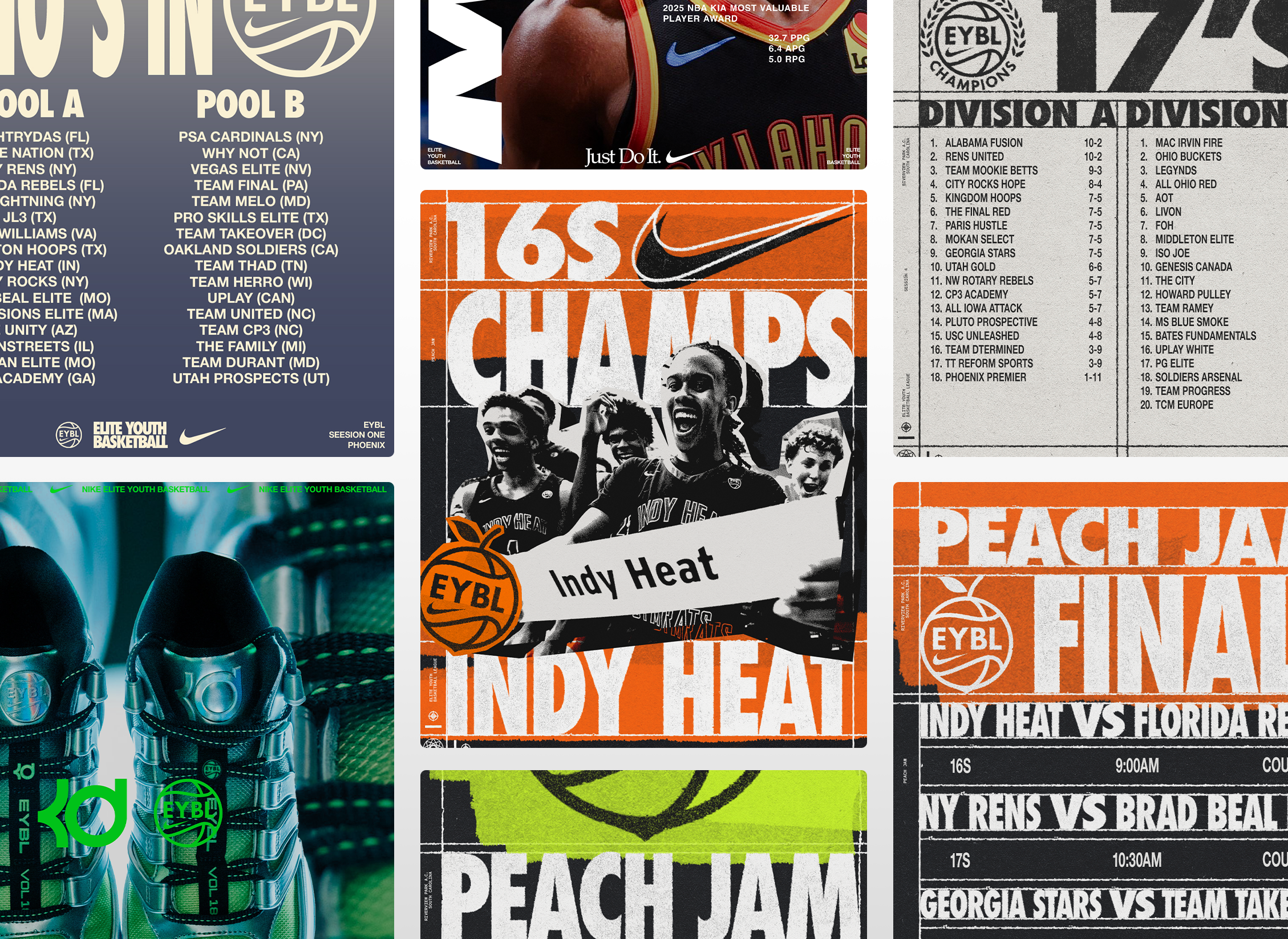 A collage of various basketball event posters and images, including team schedules, championship banners, player photos, and game schedules, related to the Elite Youth Basketball League (EYBL).