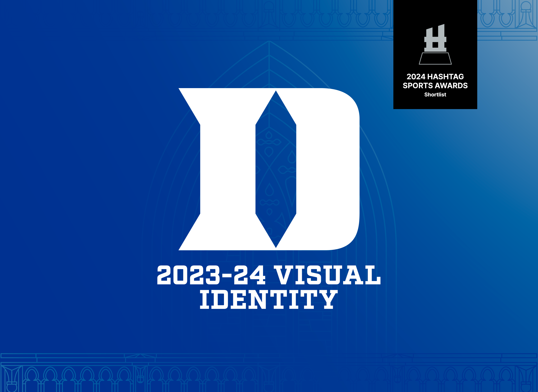 Cover page for the 2023-24 Visual Identity with a large white'N' in the center, a black badge in the top right corner mentioning the 2024 Hashtag Sports Awards shortlist, and a blue background with architectural line art.