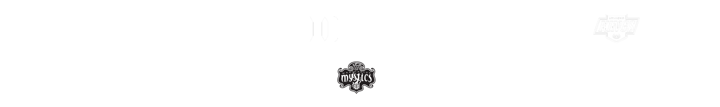Black background with various sports and entertainment brand logos in white, including LA Kings, California Golden Bears, Adidas, Disrupt The Game, Dignity Health, EYBL, Mashtag Sports, Los Angeles Kings, Modiah, Nintendo, Mystics, World Lacrosse, DISAURE Skate, and others.