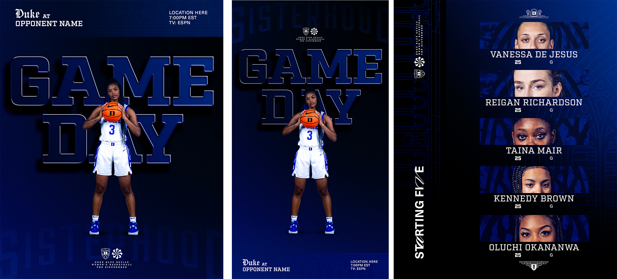 Duke women's basketball team graphic with a player holding a basketball, path to the game day, team roster, and scheduling details in blue and white.