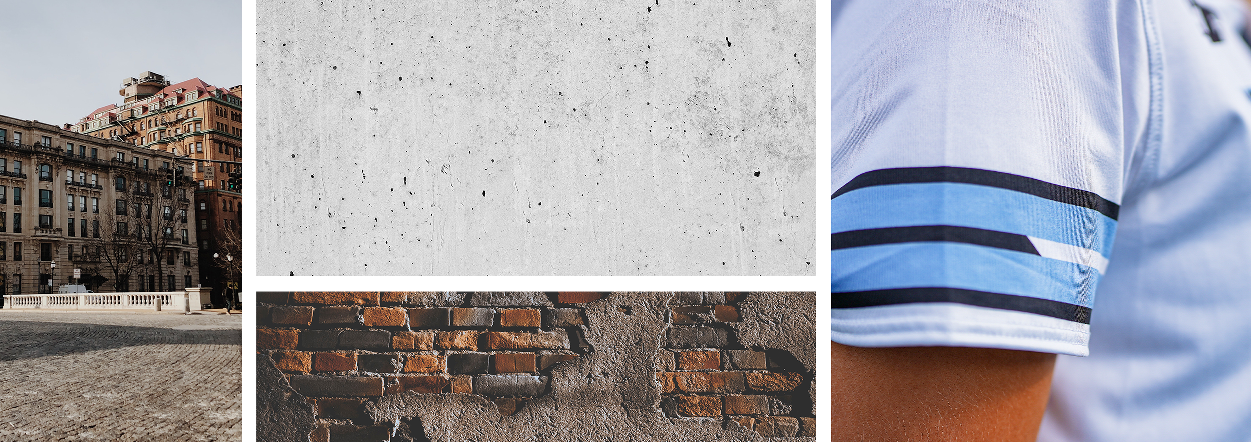 Collage of urban textures and architecture, including a city building, a concrete wall, a brick wall, and a person wearing a striped shirt.
