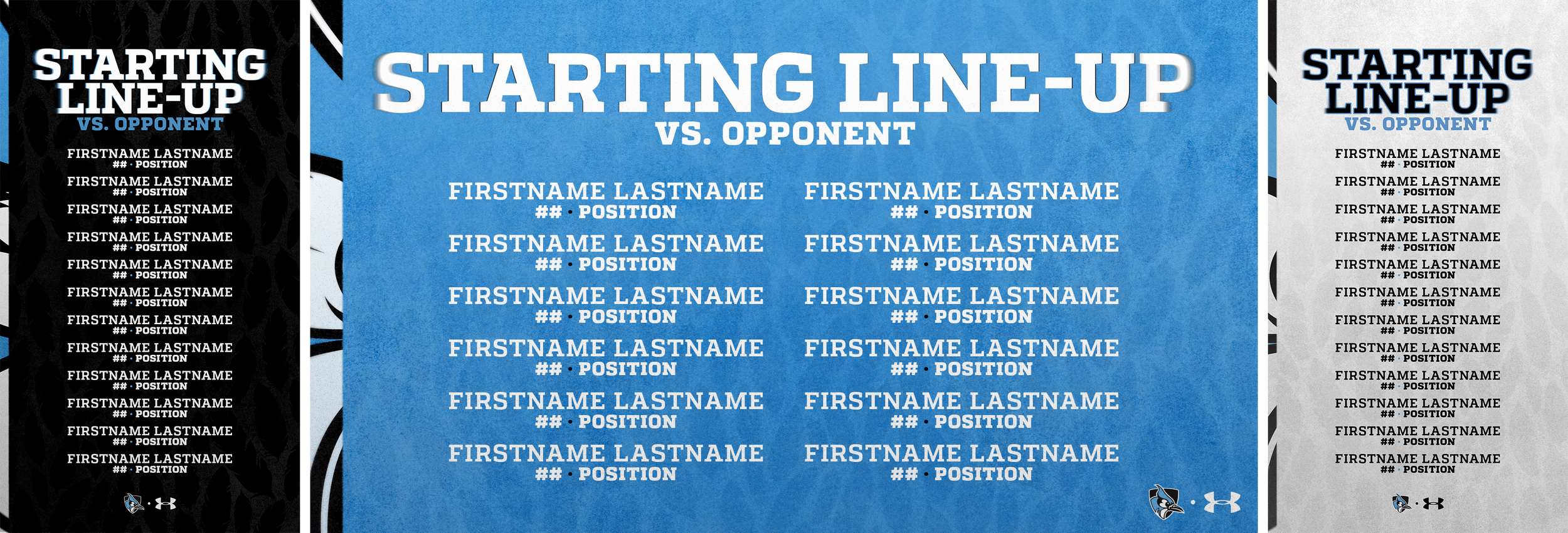 Graphic template for a starting line-up chart for a sports team, divided into left, center, and right sections, with placeholders for player names, last names, jersey numbers, and positions, featuring team logos and branding.