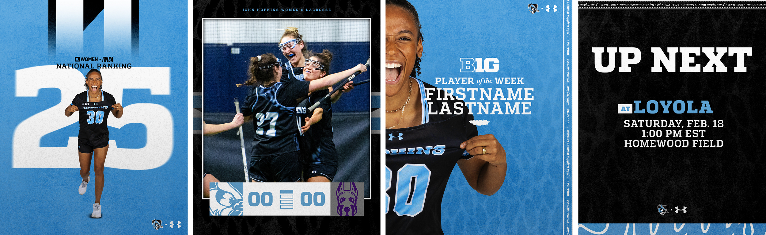 Jacksonville University women's lacrosse promotional flyer with photos of players, including a smiling player holding her jersey, and a group celebrating on the field. Text highlights match details against Loyola on Saturday, February 18 at 1:00 PM at Homewood Field.