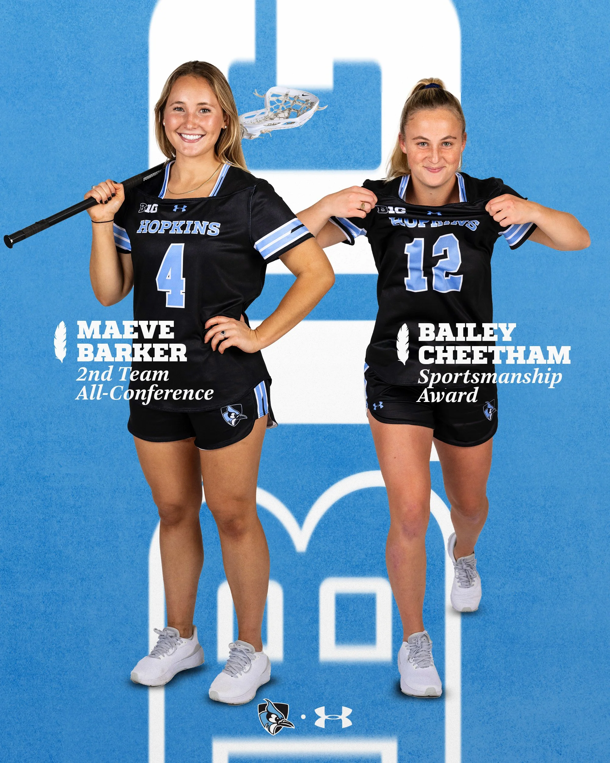 Two young female athletes in black and blue uniforms with soccer cleats and holding a lacrosse stick, standing in front of a large blue background with a White Lion logo. The girl on the left has the number 4 on her shirt and is the Maeve Barker award recipient, holding a lacrosse stick over her shoulder. The girl on the right has the number 12 and is the Bailey Cheetah Sportmanship Award recipient, adjusting her shirt collar.