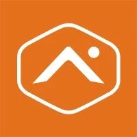 White stylized mountain logo with a small circle inside an orange rounded hexagon