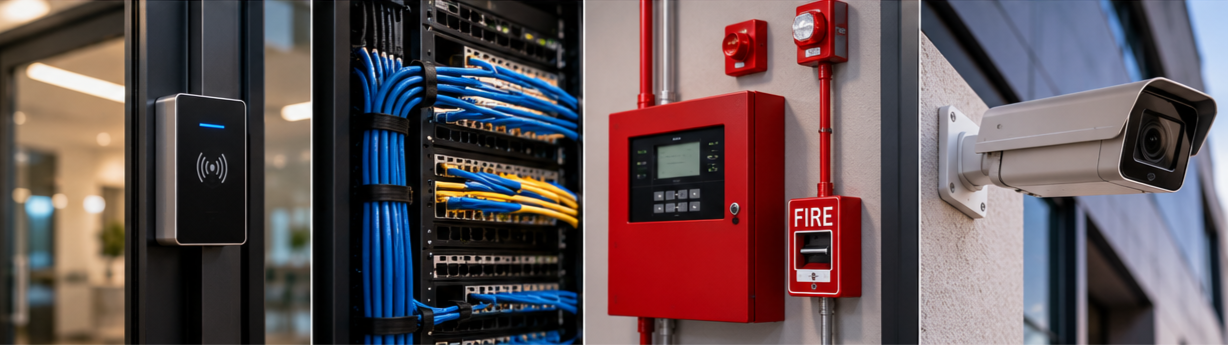 Access control reader, network server rack with blue and yellow cables, red fire alarm panel, and security camera