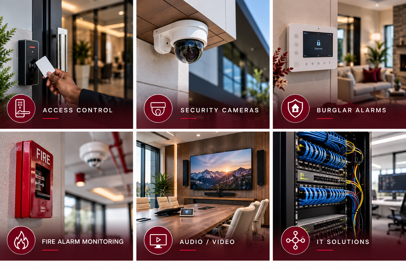 Security services collage featuring access control, security cameras, burglar alarms, fire alarm monitoring, audio/video systems, and IT solutions