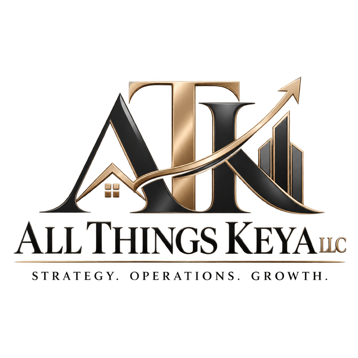 All Things Keya LLC logo featuring stylized black and gold letters, an upward-trending arrow, and the tagline “Strategy. Operations. Growth.”