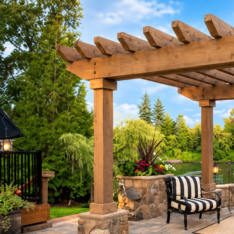 Wooden pergola over a landscaped patio with a striped chair, stone planter, and lush garden