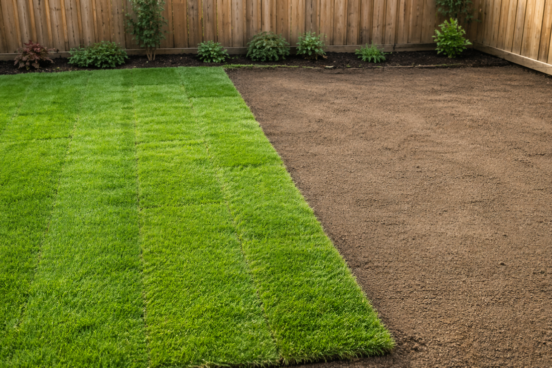Newly installed green lawn sod beside freshly prepared soil in a fenced backyard