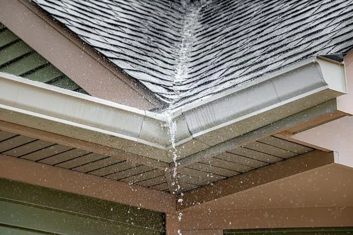 Water leaking from a damaged roof gutter at a house corner during rain