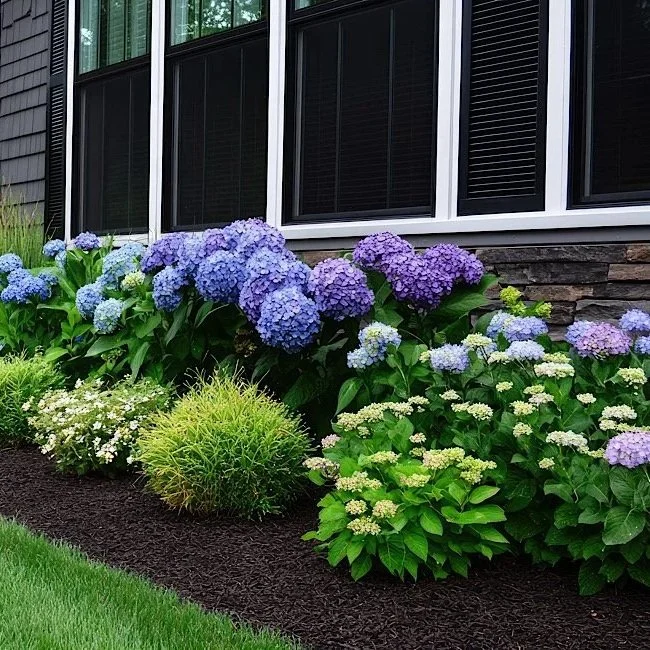 Colorful purple, blue, and white hydrangeas in a landscaped garden bed beneath black-framed windows