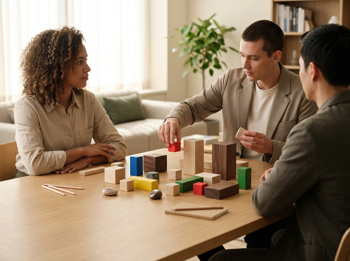 Three people sitting around a table playing with wooden blocks in a living room with a plant and bookshelf in the background.