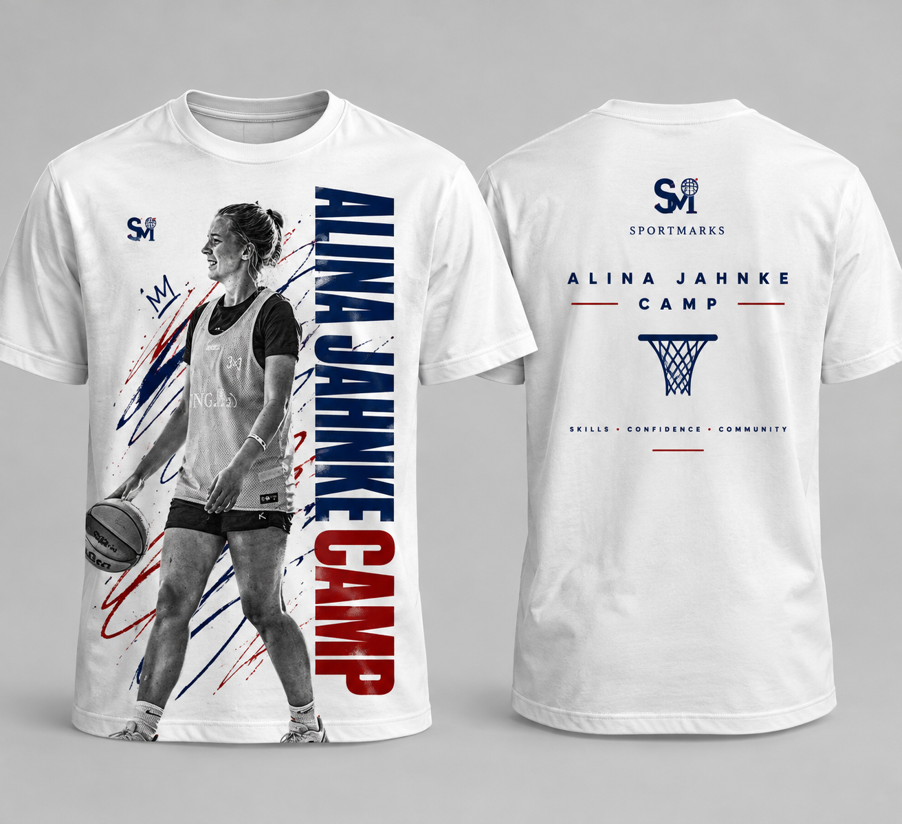 White T-shirt with a black-and-white photo of a female basketball player holding a basketball, with red and blue graphic elements and the text 'Alina Jahnke Camp' on the front. The back features a basketball hoop graphic, the text 'Alina Jahnke Camp' with the words 'Skills,' 'Confidence,' and 'Community' underneath.
