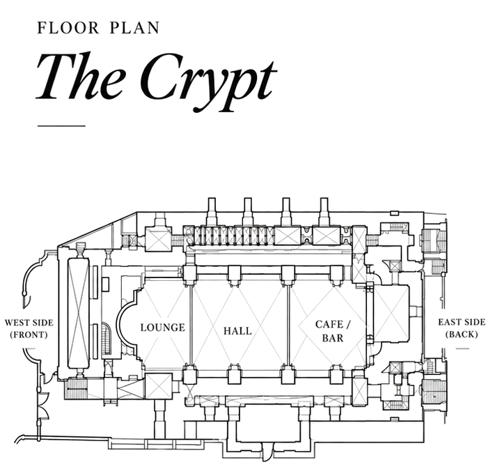 Crypt floor plan at Christ Church Spitalfields, showing the Lounge, Hall and Café/Bar