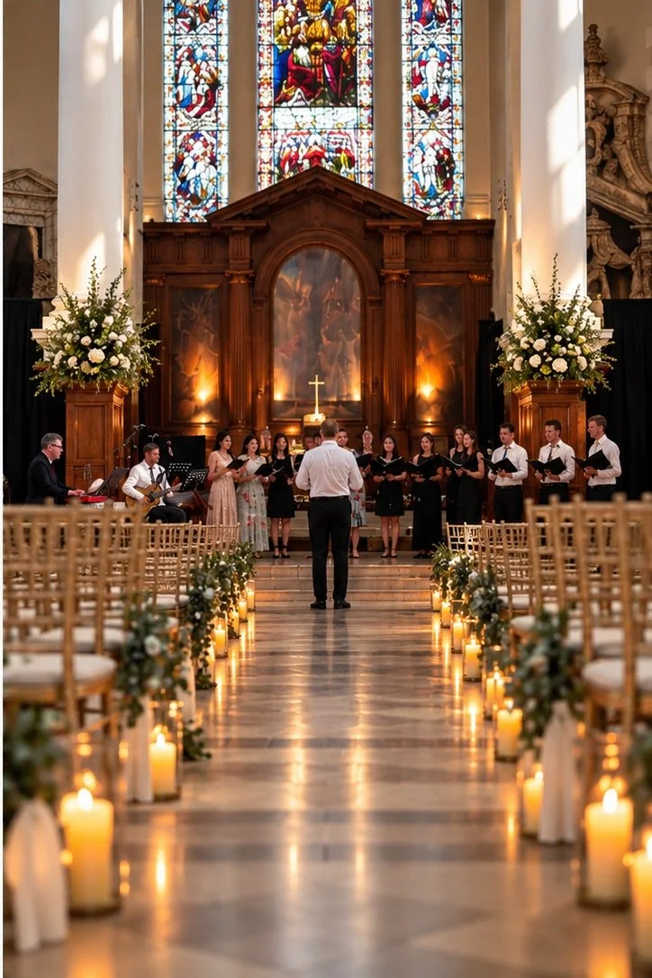 Candlelit aisle, flowers and singers beneath the Nave’s stained-glass windows.