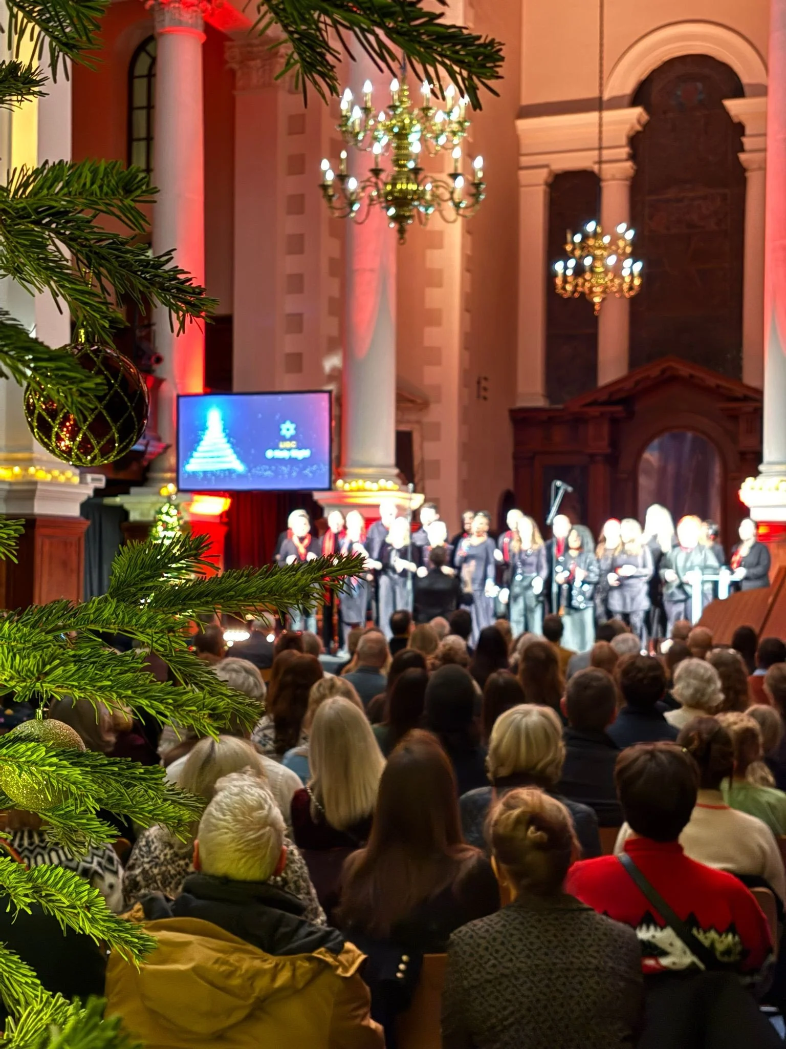 Christmas choir performing in the Nave with festive greenery and a decorated tree in the foreground