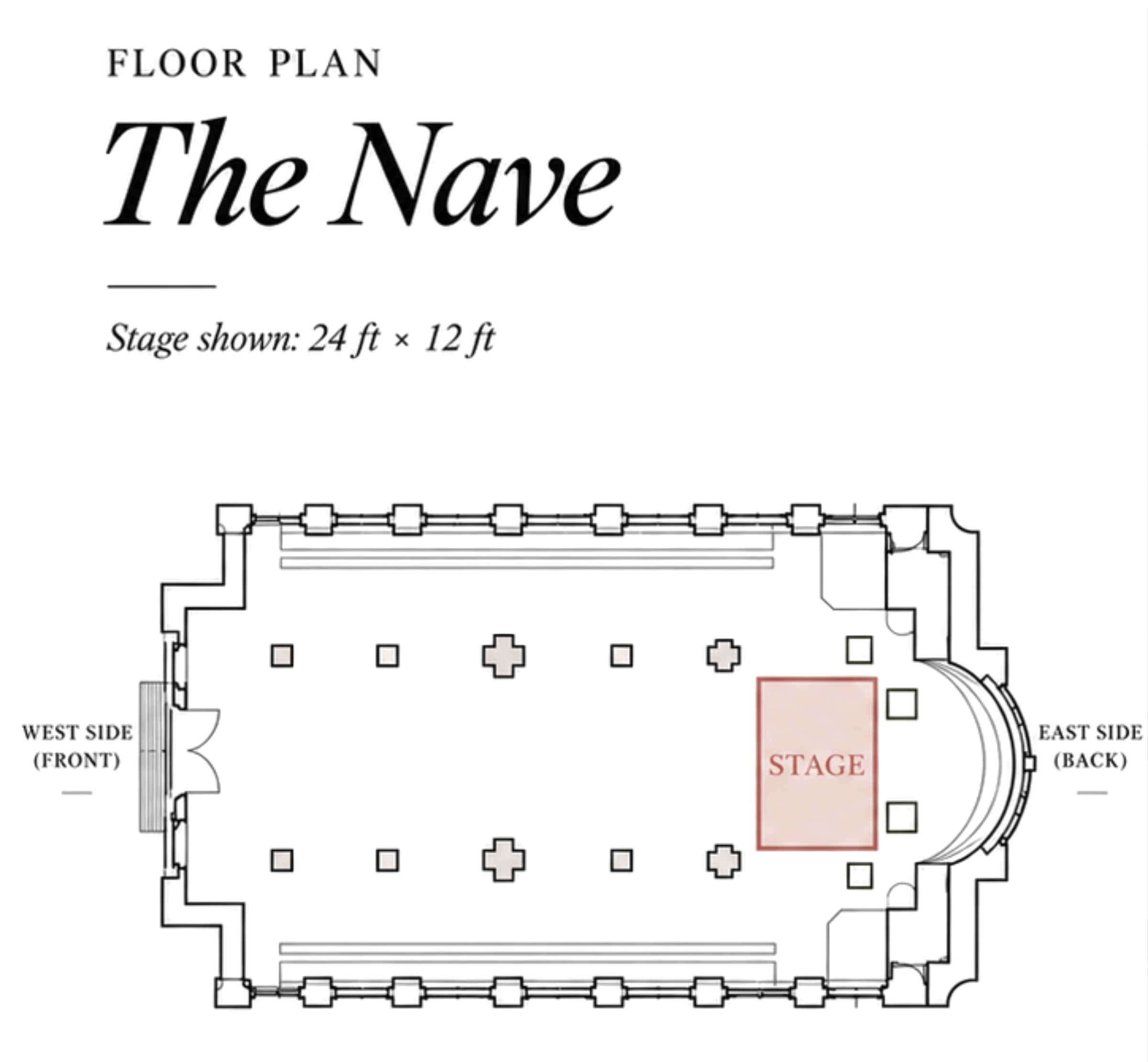 Floor plan of the Nave at Christ Church Spitalfields, showing entrances, columns and a 24 ft by 12 ft stage