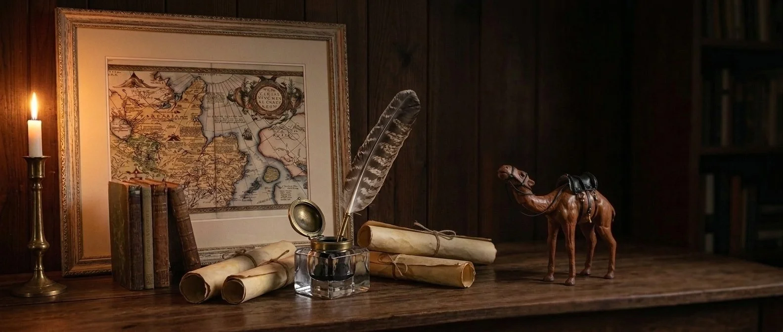 Footer Picture: Antique Book with a gold Codex Cavern wax seal beside a candle and globe.