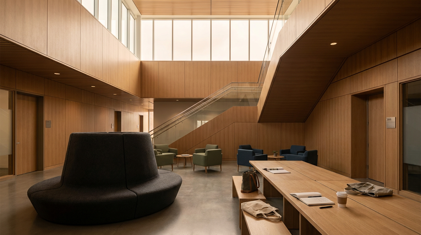 Modern interior lobby with wooden walls, a curved black sofa, a wooden table with chairs, and large windows at the top letting in natural light.