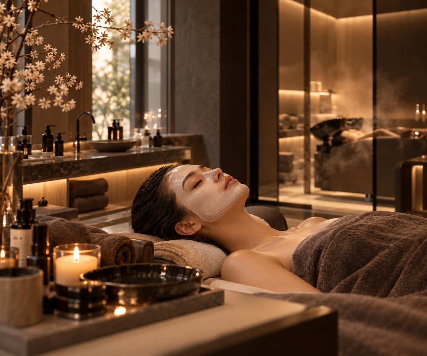 A woman lying on her back in a spa or massage room, with a facial mask on her face and her eyes closed. The room is warmly lit with candles and has an elegant, relaxing ambiance with towels, skincare products, and a decorative branch with flowers in the foreground.