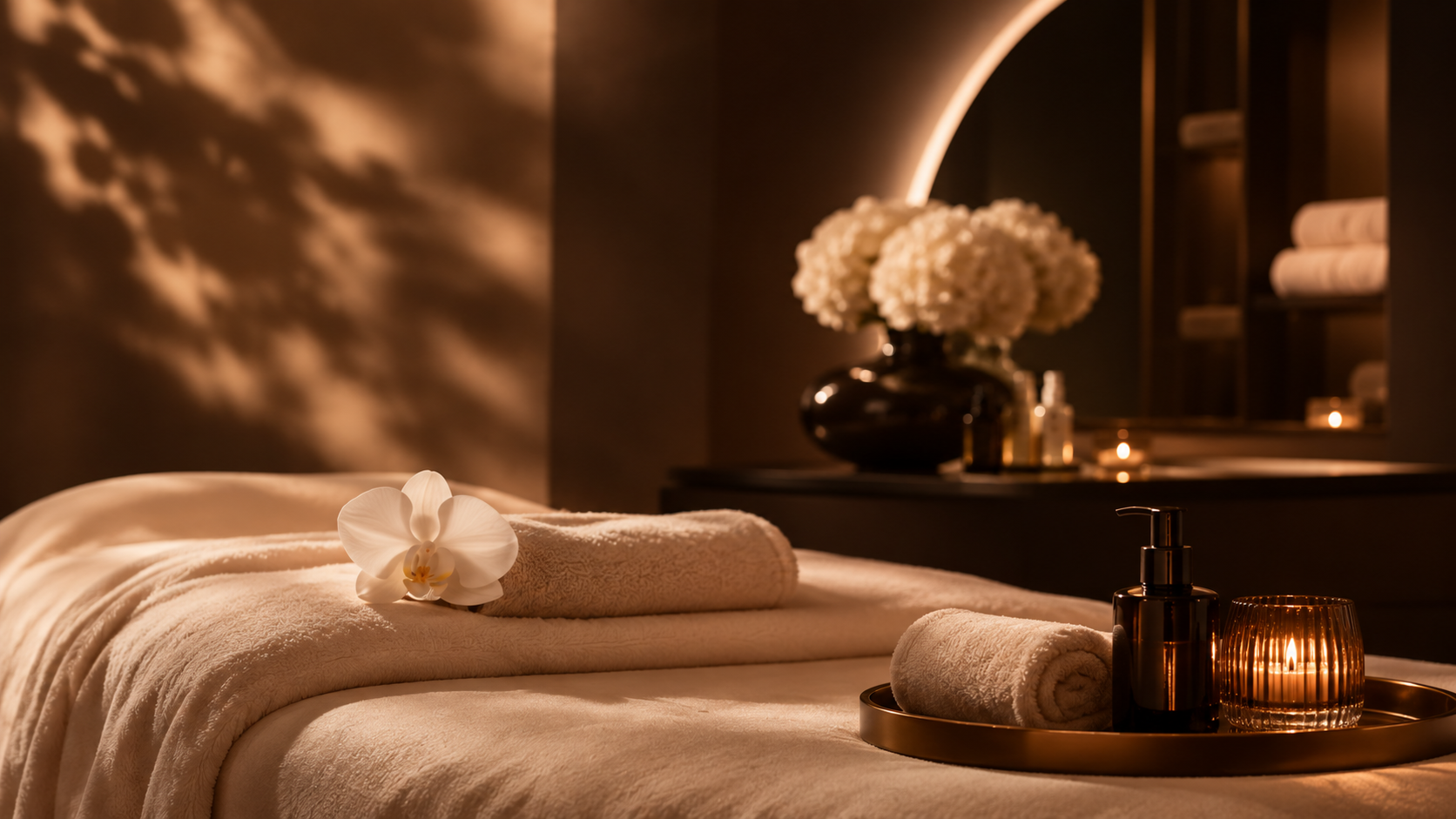 A massage table with a rolled towel, a white orchid flower, and a tray with a soap pump, smaller towels, and a candle in a glass holder, in a dimly lit spa room.
