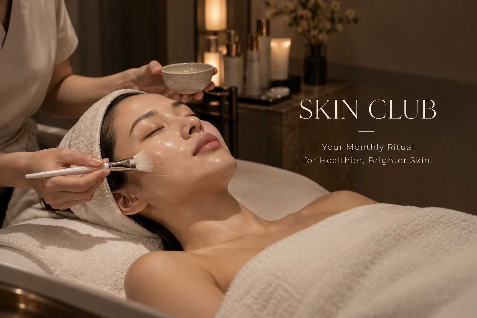 A woman receiving a luxury facial treatment with a skincare mask applied by an esthetician in a relaxing spa setting.