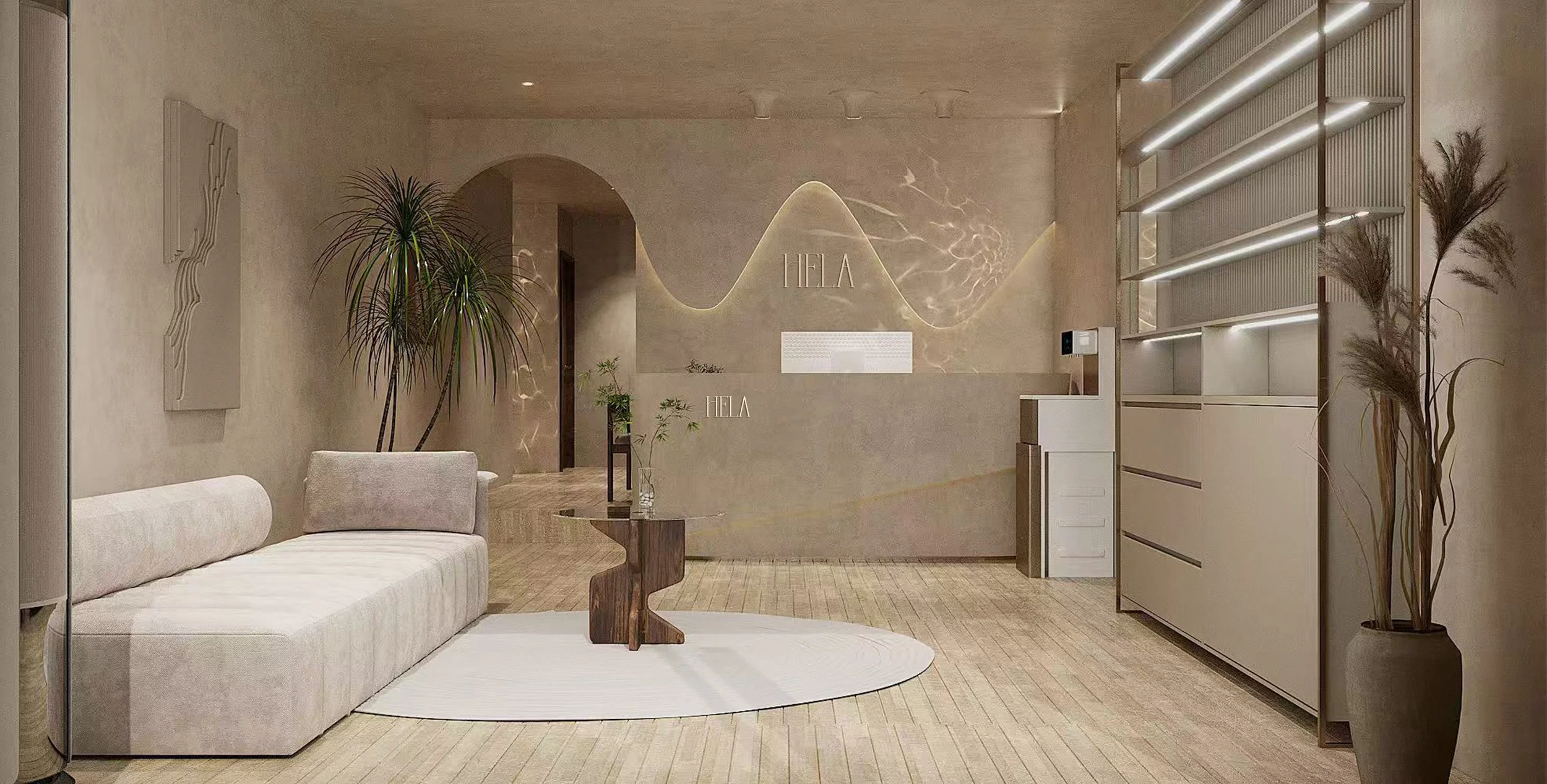 Modern lobby with beige walls, light-colored furniture, indoor plants, and decorative shelving with lighting.