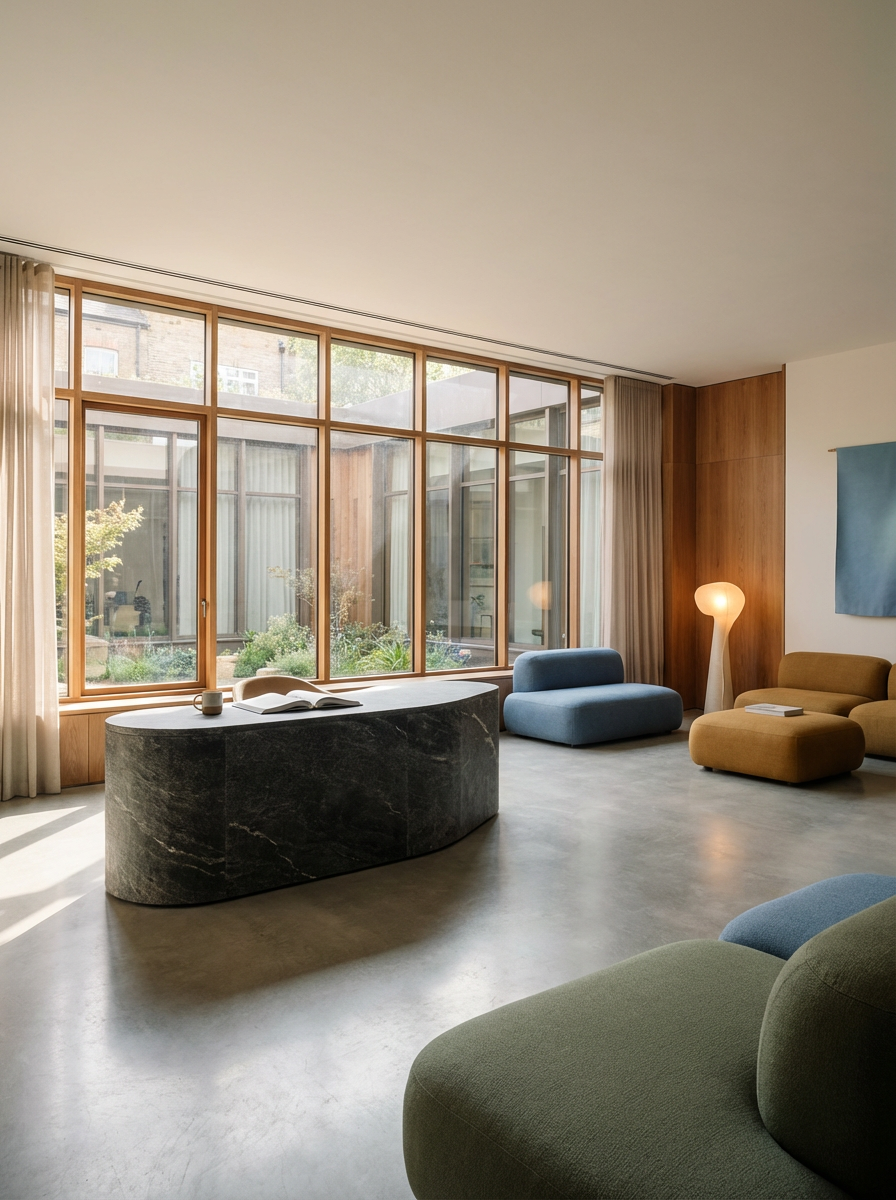 Modern living room with large window, yellow and blue sofas, a black marble desk, a floor lamp, and a garden view outside.